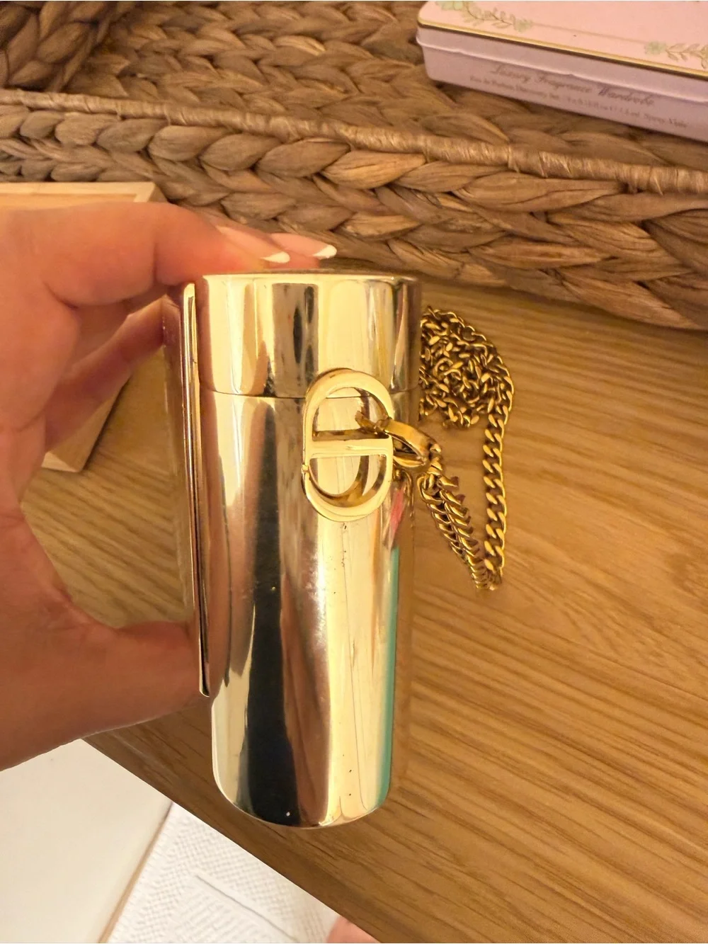 Dior Metallic Gold Box Clutch with Cylindrical Accent and Chain